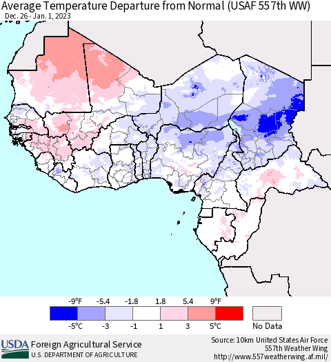 Western Africa Average Temperature Departure from Normal (USAF 557th WW) Thematic Map For 12/26/2022 - 1/1/2023