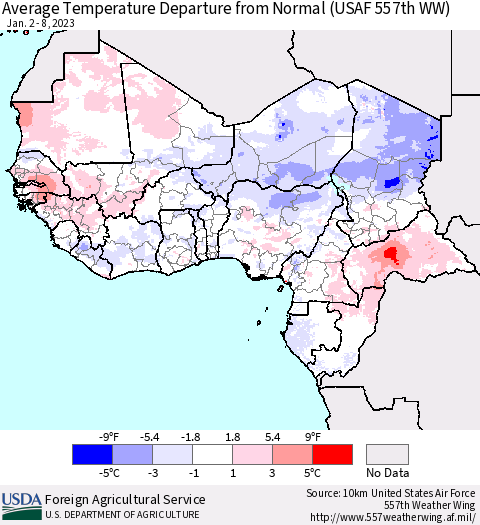 Western Africa Average Temperature Departure from Normal (USAF 557th WW) Thematic Map For 1/2/2023 - 1/8/2023