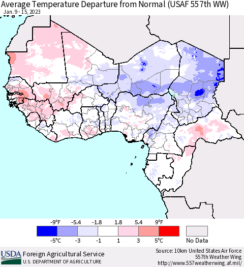 Western Africa Average Temperature Departure from Normal (USAF 557th WW) Thematic Map For 1/9/2023 - 1/15/2023