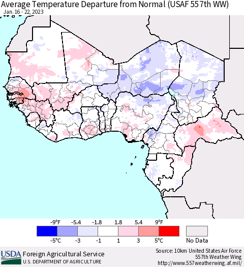 Western Africa Average Temperature Departure from Normal (USAF 557th WW) Thematic Map For 1/16/2023 - 1/22/2023