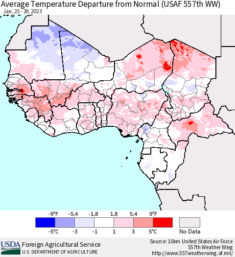 Western Africa Average Temperature Departure from Normal (USAF 557th WW) Thematic Map For 1/23/2023 - 1/29/2023