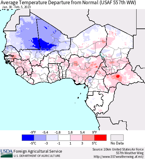 Western Africa Average Temperature Departure from Normal (USAF 557th WW) Thematic Map For 1/30/2023 - 2/5/2023