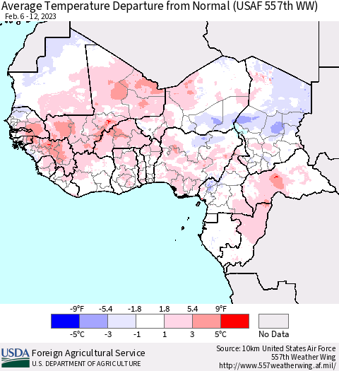 Western Africa Average Temperature Departure from Normal (USAF 557th WW) Thematic Map For 2/6/2023 - 2/12/2023