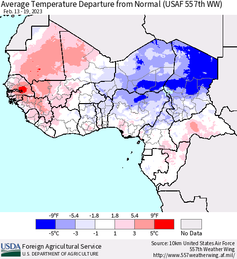 Western Africa Average Temperature Departure from Normal (USAF 557th WW) Thematic Map For 2/13/2023 - 2/19/2023