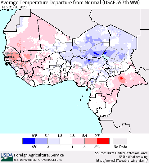 Western Africa Average Temperature Departure from Normal (USAF 557th WW) Thematic Map For 2/20/2023 - 2/26/2023