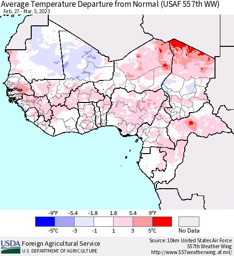 Western Africa Average Temperature Departure from Normal (USAF 557th WW) Thematic Map For 2/27/2023 - 3/5/2023