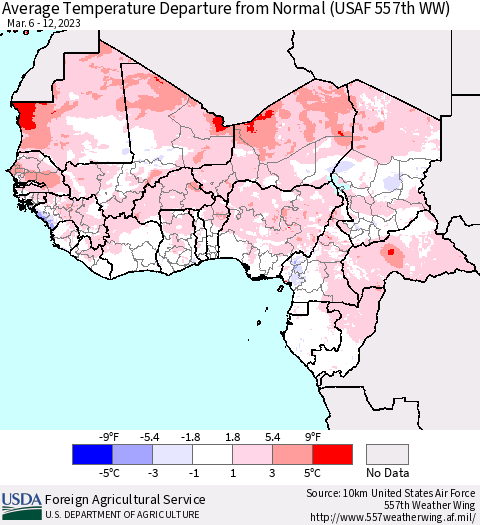 Western Africa Average Temperature Departure from Normal (USAF 557th WW) Thematic Map For 3/6/2023 - 3/12/2023
