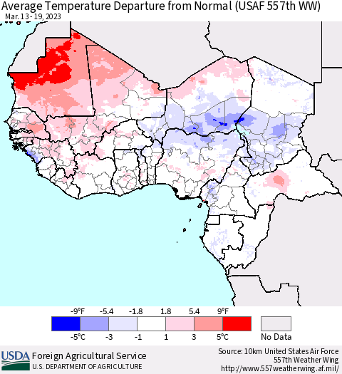 Western Africa Average Temperature Departure from Normal (USAF 557th WW) Thematic Map For 3/13/2023 - 3/19/2023