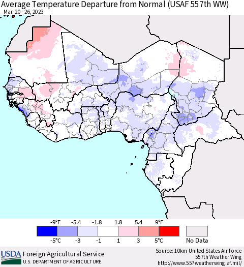 Western Africa Average Temperature Departure from Normal (USAF 557th WW) Thematic Map For 3/20/2023 - 3/26/2023
