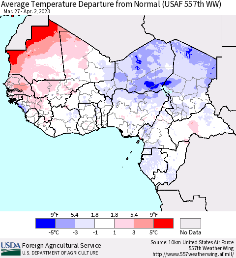 Western Africa Average Temperature Departure from Normal (USAF 557th WW) Thematic Map For 3/27/2023 - 4/2/2023