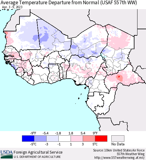 Western Africa Average Temperature Departure from Normal (USAF 557th WW) Thematic Map For 4/3/2023 - 4/9/2023