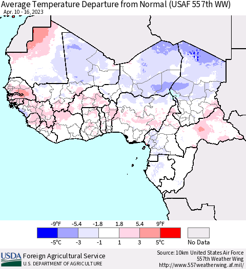 Western Africa Average Temperature Departure from Normal (USAF 557th WW) Thematic Map For 4/10/2023 - 4/16/2023