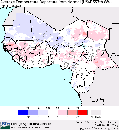Western Africa Average Temperature Departure from Normal (USAF 557th WW) Thematic Map For 4/17/2023 - 4/23/2023