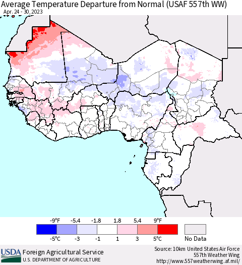 Western Africa Average Temperature Departure from Normal (USAF 557th WW) Thematic Map For 4/24/2023 - 4/30/2023