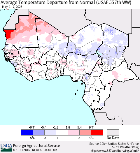 Western Africa Average Temperature Departure from Normal (USAF 557th WW) Thematic Map For 5/1/2023 - 5/7/2023