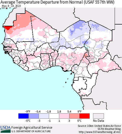 Western Africa Average Temperature Departure from Normal (USAF 557th WW) Thematic Map For 5/8/2023 - 5/14/2023