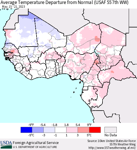 Western Africa Average Temperature Departure from Normal (USAF 557th WW) Thematic Map For 5/15/2023 - 5/21/2023