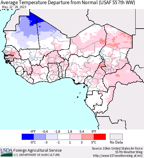Western Africa Average Temperature Departure from Normal (USAF 557th WW) Thematic Map For 5/22/2023 - 5/28/2023