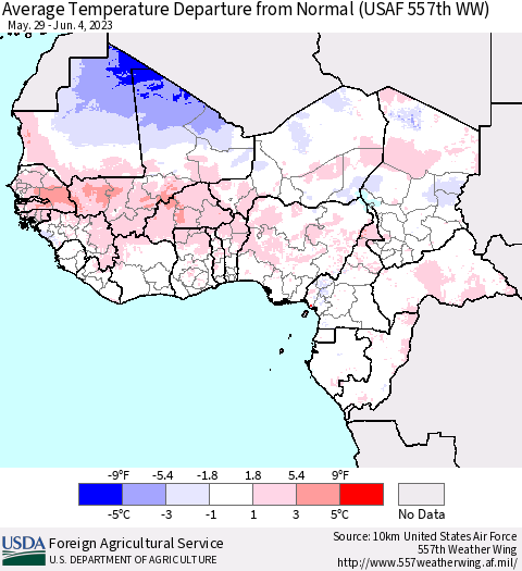 Western Africa Average Temperature Departure from Normal (USAF 557th WW) Thematic Map For 5/29/2023 - 6/4/2023