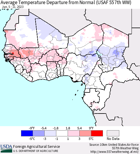 Western Africa Average Temperature Departure from Normal (USAF 557th WW) Thematic Map For 6/5/2023 - 6/11/2023
