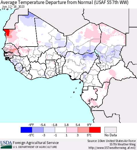 Western Africa Average Temperature Departure from Normal (USAF 557th WW) Thematic Map For 6/12/2023 - 6/18/2023