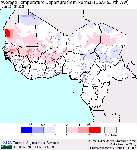 Western Africa Average Temperature Departure from Normal (USAF 557th WW) Thematic Map For 6/19/2023 - 6/25/2023