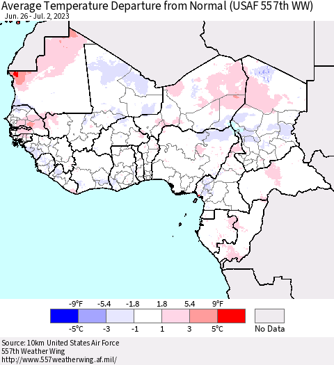 Western Africa Average Temperature Departure from Normal (USAF 557th WW) Thematic Map For 6/26/2023 - 7/2/2023