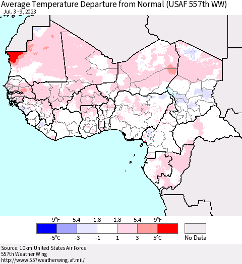 Western Africa Average Temperature Departure from Normal (USAF 557th WW) Thematic Map For 7/3/2023 - 7/9/2023