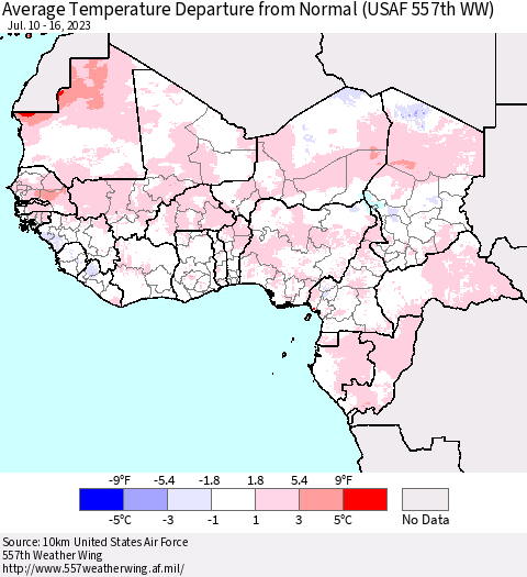 Western Africa Average Temperature Departure from Normal (USAF 557th WW) Thematic Map For 7/10/2023 - 7/16/2023