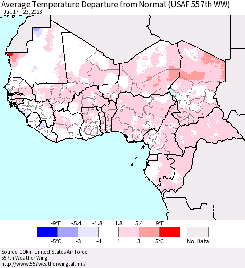 Western Africa Average Temperature Departure from Normal (USAF 557th WW) Thematic Map For 7/17/2023 - 7/23/2023