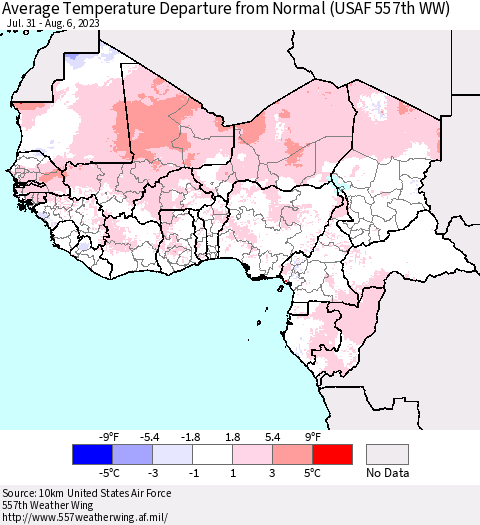Western Africa Average Temperature Departure from Normal (USAF 557th WW) Thematic Map For 7/31/2023 - 8/6/2023