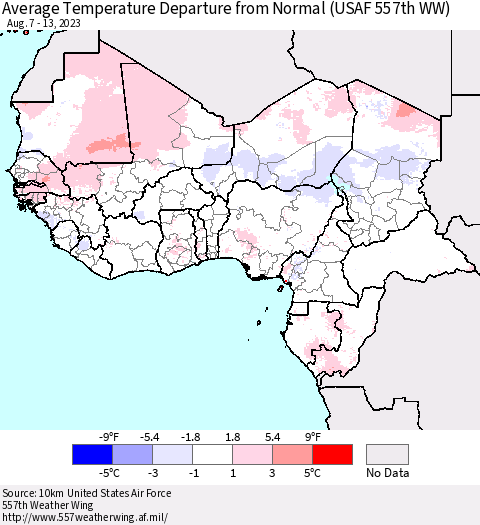 Western Africa Average Temperature Departure from Normal (USAF 557th WW) Thematic Map For 8/7/2023 - 8/13/2023