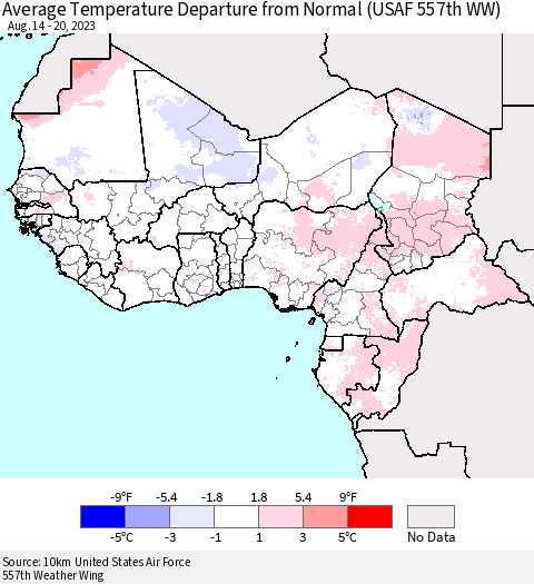 Western Africa Average Temperature Departure from Normal (USAF 557th WW) Thematic Map For 8/14/2023 - 8/20/2023