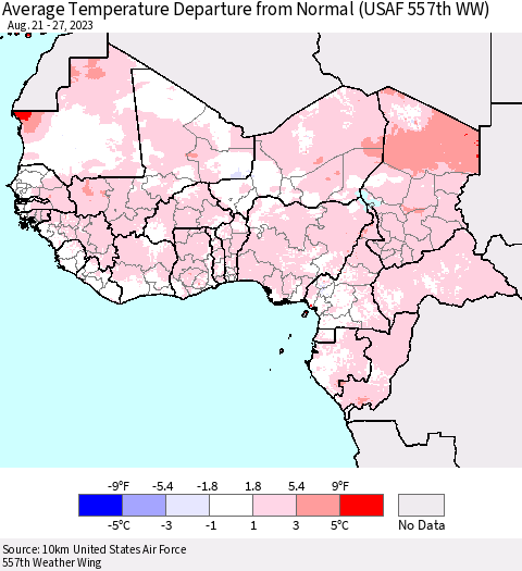 Western Africa Average Temperature Departure from Normal (USAF 557th WW) Thematic Map For 8/21/2023 - 8/27/2023