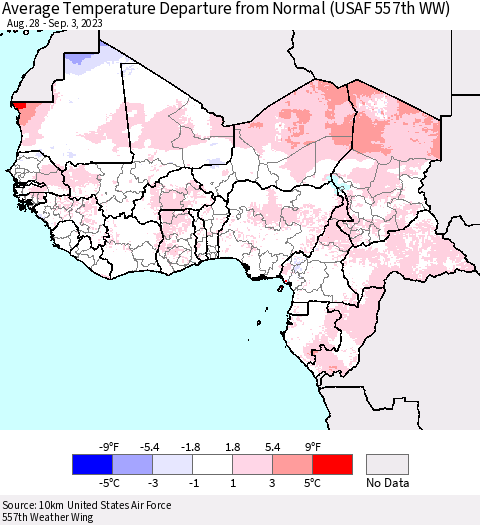 Western Africa Average Temperature Departure from Normal (USAF 557th WW) Thematic Map For 8/28/2023 - 9/3/2023