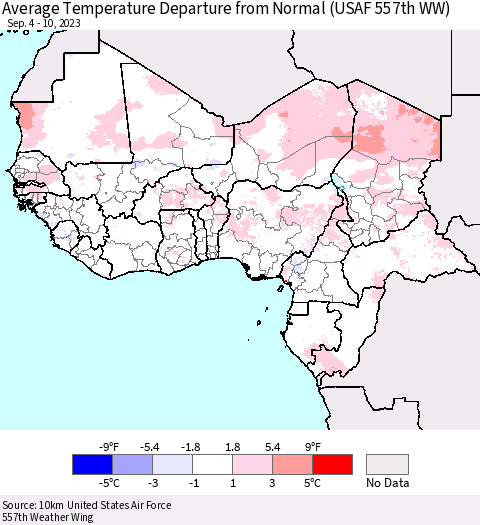 Western Africa Average Temperature Departure from Normal (USAF 557th WW) Thematic Map For 9/4/2023 - 9/10/2023