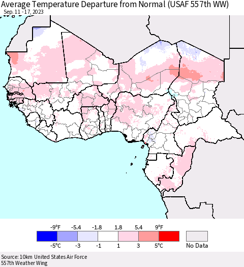 Western Africa Average Temperature Departure from Normal (USAF 557th WW) Thematic Map For 9/11/2023 - 9/17/2023