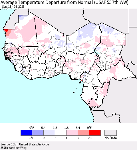 Western Africa Average Temperature Departure from Normal (USAF 557th WW) Thematic Map For 9/18/2023 - 9/24/2023