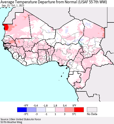 Western Africa Average Temperature Departure from Normal (USAF 557th WW) Thematic Map For 9/25/2023 - 10/1/2023