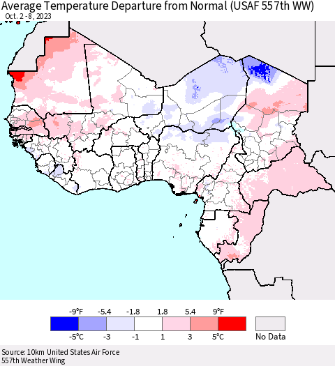 Western Africa Average Temperature Departure from Normal (USAF 557th WW) Thematic Map For 10/2/2023 - 10/8/2023
