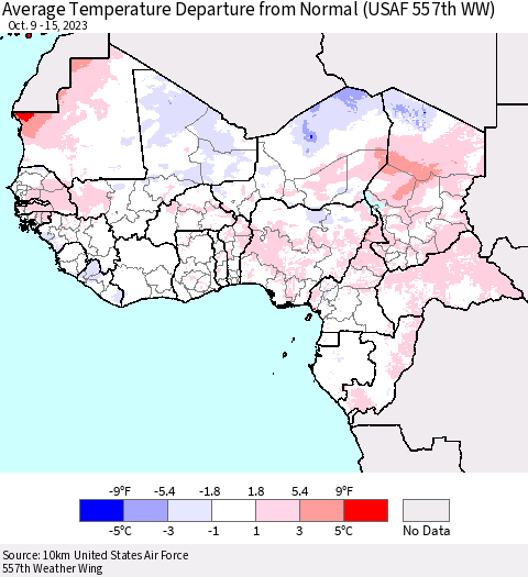 Western Africa Average Temperature Departure from Normal (USAF 557th WW) Thematic Map For 10/9/2023 - 10/15/2023