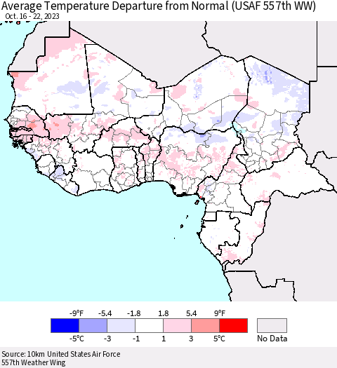 Western Africa Average Temperature Departure from Normal (USAF 557th WW) Thematic Map For 10/16/2023 - 10/22/2023