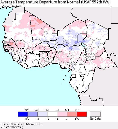 Western Africa Average Temperature Departure from Normal (USAF 557th WW) Thematic Map For 10/23/2023 - 10/29/2023