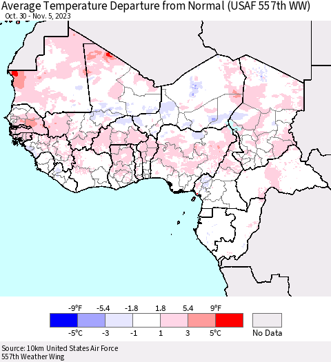 Western Africa Average Temperature Departure from Normal (USAF 557th WW) Thematic Map For 10/30/2023 - 11/5/2023