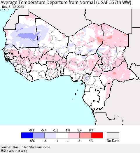 Western Africa Average Temperature Departure from Normal (USAF 557th WW) Thematic Map For 11/6/2023 - 11/12/2023