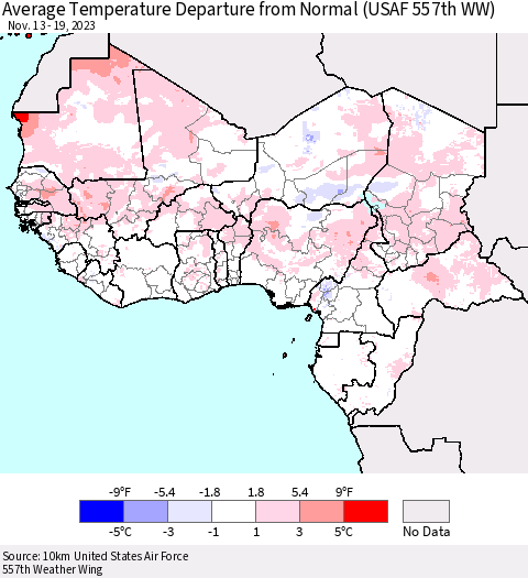 Western Africa Average Temperature Departure from Normal (USAF 557th WW) Thematic Map For 11/13/2023 - 11/19/2023