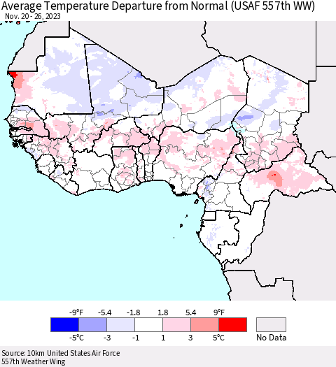 Western Africa Average Temperature Departure from Normal (USAF 557th WW) Thematic Map For 11/20/2023 - 11/26/2023