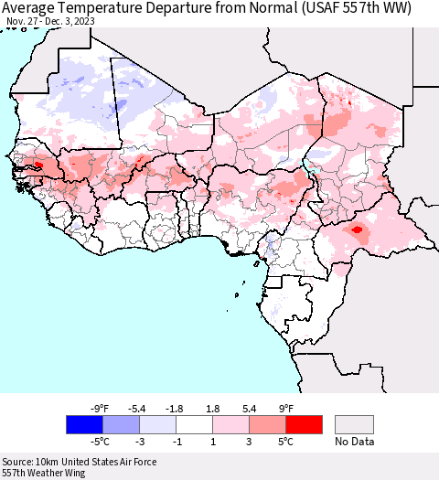Western Africa Average Temperature Departure from Normal (USAF 557th WW) Thematic Map For 11/27/2023 - 12/3/2023