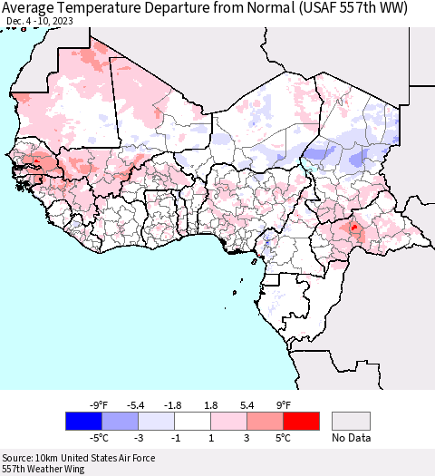 Western Africa Average Temperature Departure from Normal (USAF 557th WW) Thematic Map For 12/4/2023 - 12/10/2023