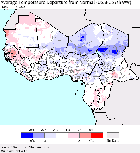 Western Africa Average Temperature Departure from Normal (USAF 557th WW) Thematic Map For 12/11/2023 - 12/17/2023